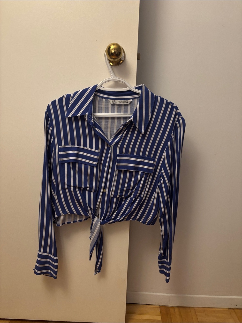 Zara Blue and White Striped Tie-Front Button-Down Shirt